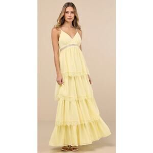 NWT Lulus Reed Light Yellow Tiered Lace Maxi Dress Formal Romantic Large